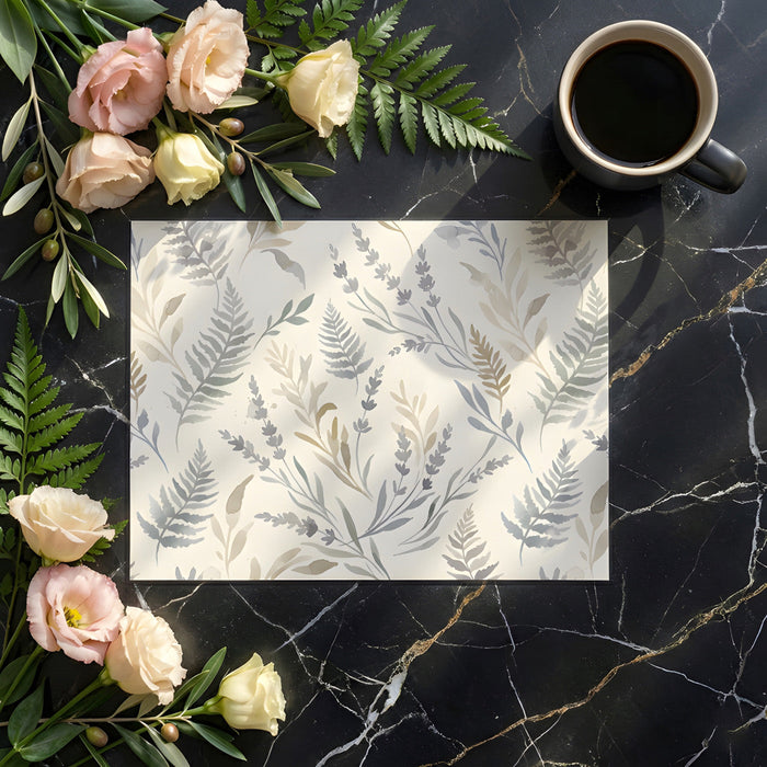 Bright kitchen dining area featuring a soft botanical wallpaper with leaf patterns