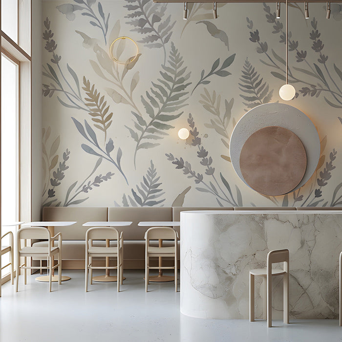 Calm cafe space with muted watercolor foliage wallpaper and white furniture