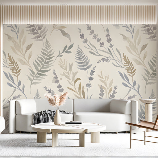 Cozy living room wall covered in a light watercolor fern and lavender mural with neutral bedding