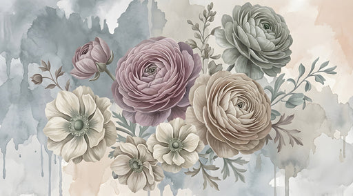 Large scale floral wallpaper pattern with watercolor ranunculus in dusty rose and sage