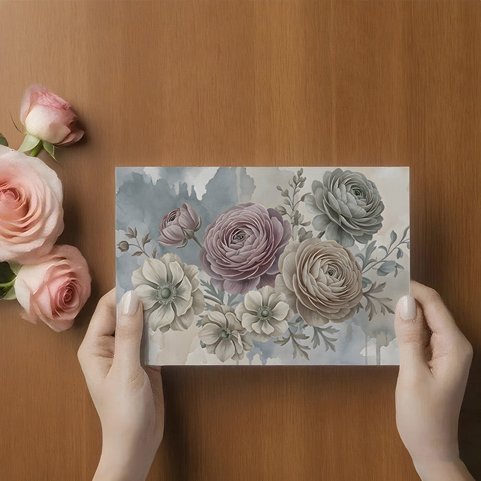 Dining room interior featuring a soft floral watercolor wall mural