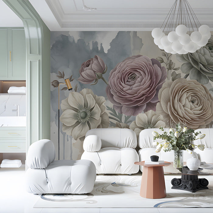 Sophisticated home office space with a large scale botanical mural