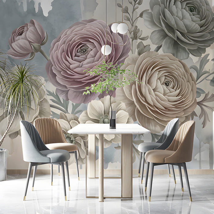Floral watercolor mural installed on the wall behind a modern dining room headboard
