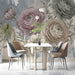 Floral watercolor mural installed on the wall behind a modern dining room headboard