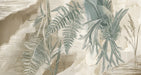 Abstract botanical wall mural featuring sage green fern sketches over layered beige and coffee brown watercolor brushstrokes.