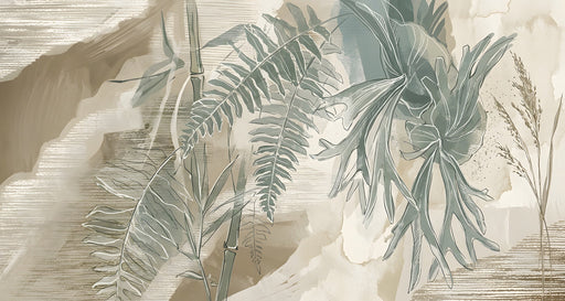 Abstract botanical wall mural featuring sage green fern sketches over layered beige and coffee brown watercolor brushstrokes.