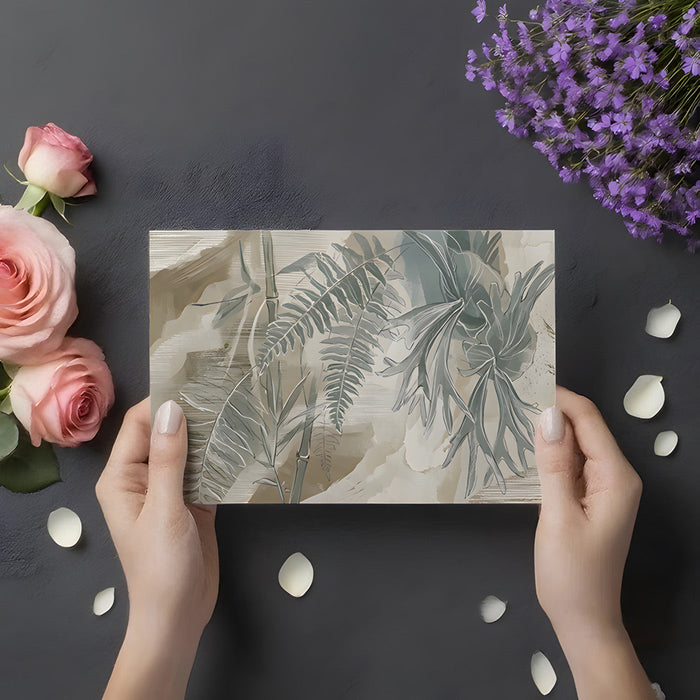 A bright, airy living room featuring the botanical fern mural on a long accent wall behind a low profile sofa.