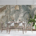 A serene dining room with the subtle sage and beige leaf sketch mural providing a calm background.