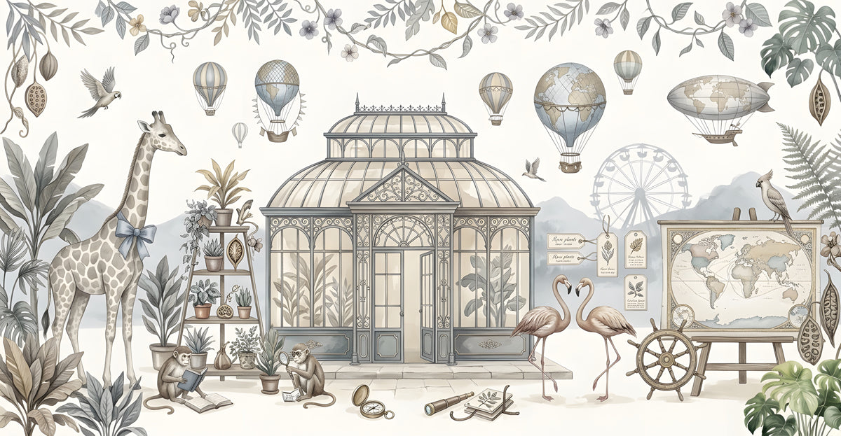 A vintage-inspired mural featuring a Victorian greenhouse, a giraffe, flamingos, hot air balloons, and antique maps in soft sepia and sage tones.