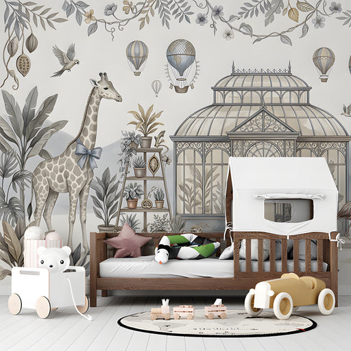 The greenhouse mural installed in a child's bedroom with light wood furniture and soft neutral bedding.