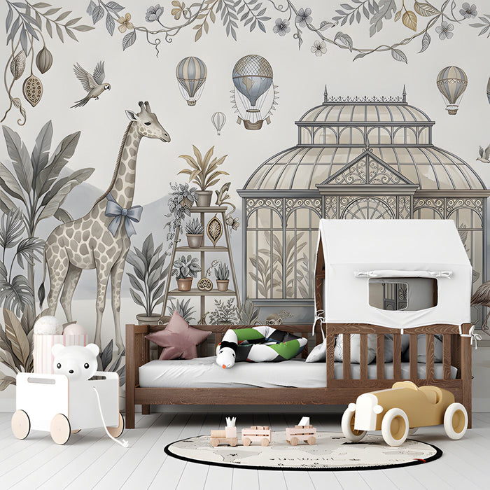 The greenhouse mural installed in a child's bedroom with light wood furniture and soft neutral bedding.
