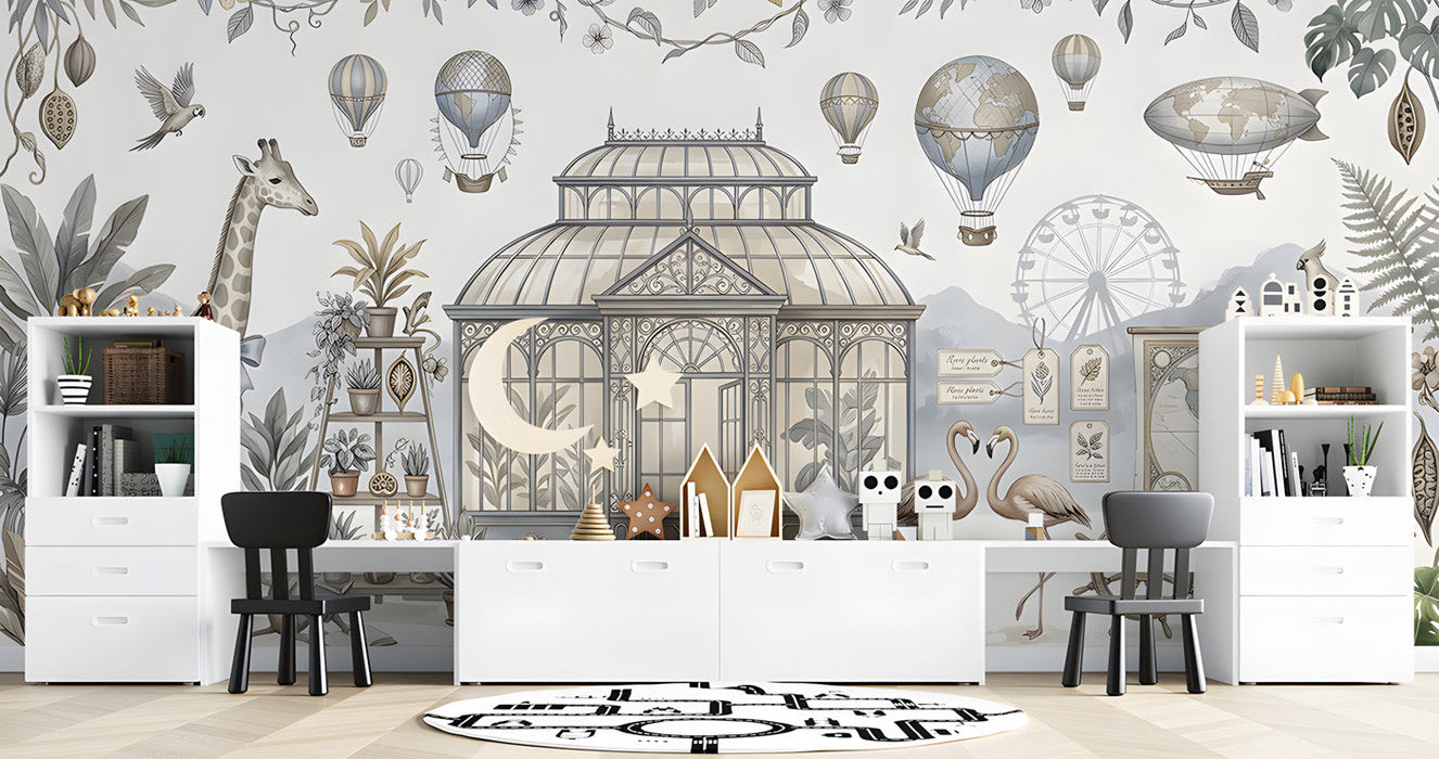 A sophisticated kid's room featuring the vintage botanical mural as a feature wall behind a wooden desk.