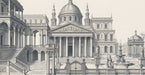 Detailed engraving style mural featuring a neoclassical dome, stone plaza, fountain, and grand architectural arches.