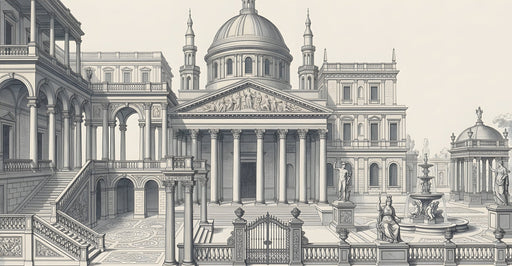 Detailed engraving style mural featuring a neoclassical dome, stone plaza, fountain, and grand architectural arches.