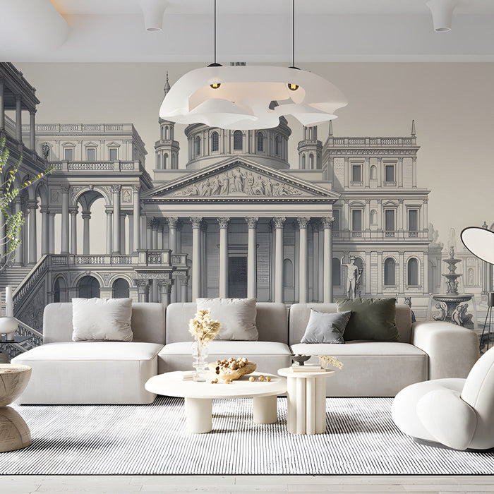 A sophisticated home office or foyer styled with the neoclassical building mural for a dramatic design statement.