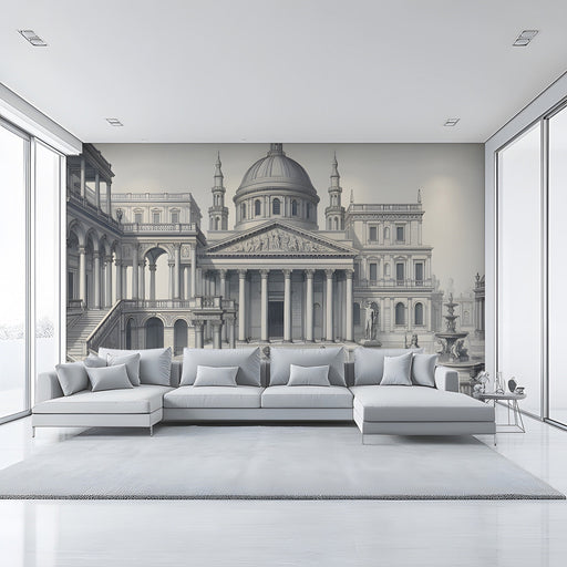 A grand entryway featuring the architectural mural as a backdrop behind a dark wood desk.