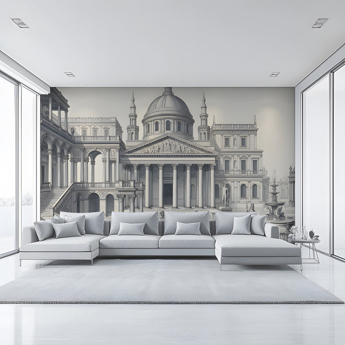 A grand entryway featuring the architectural mural as a backdrop behind a dark wood desk.