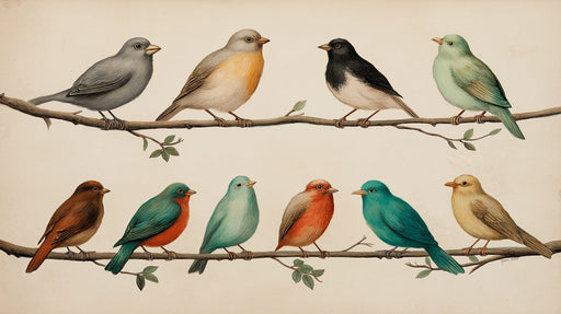 Vintage-style mural wallpaper showing colorful songbirds perched on horizontal branches against a cream background.