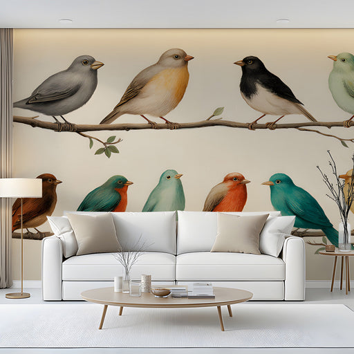 A cozy living room wall featuring vintage bird mural wallpaper with neutral wooden furniture and soft lighting.