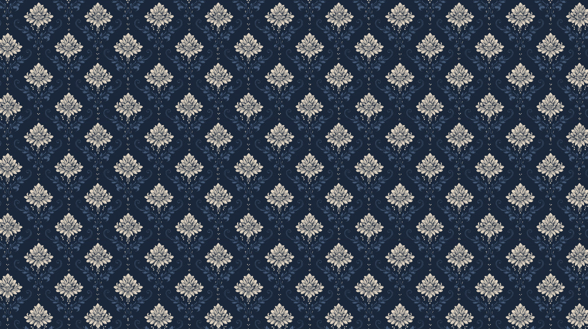 A repeating damask pattern featuring cream-colored floral motifs on a deep midnight blue background