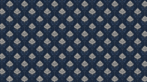 A repeating damask pattern featuring cream-colored floral motifs on a deep midnight blue background