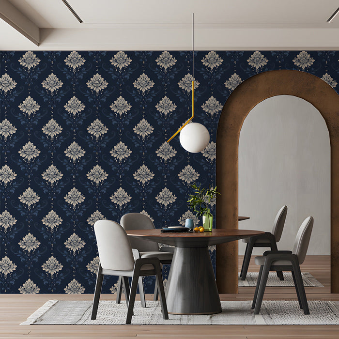 A luxurious dining room wall with midnight blue traditional damask floral mural wallpaper