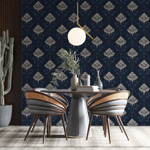 A sophisticated dining room wall covered in dark blue damask wallpaper with wooden accents