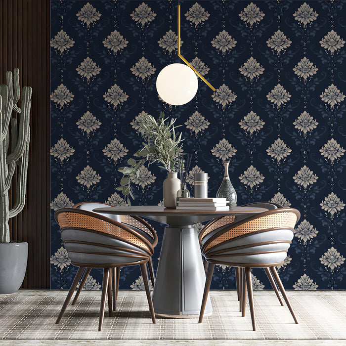 A sophisticated dining room wall covered in dark blue damask wallpaper with wooden accents