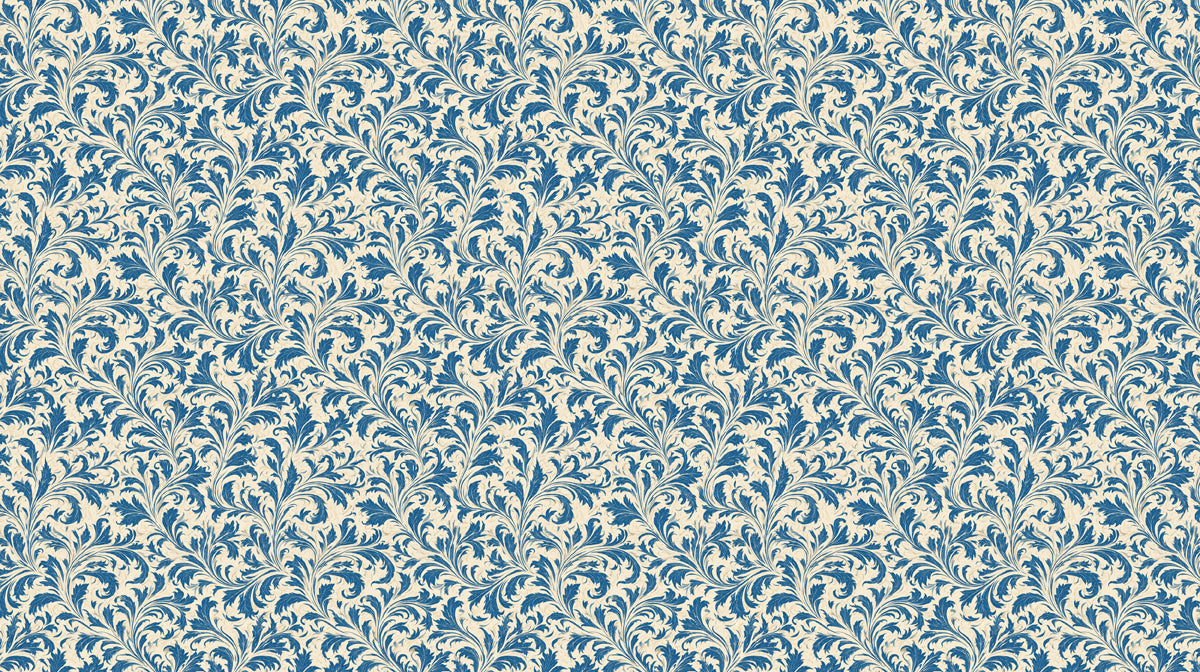 A repeating traditional pattern of sapphire blue acanthus leaves on a warm cream background.