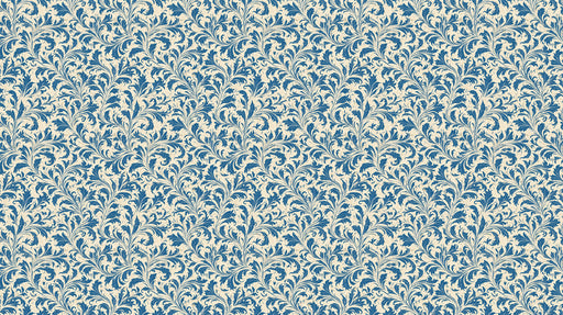 A repeating traditional pattern of sapphire blue acanthus leaves on a warm cream background.