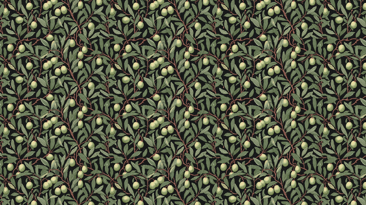 A botanical pattern of olive branches and pale green fruits on a dark charcoal gray background in an Arts and Crafts style.