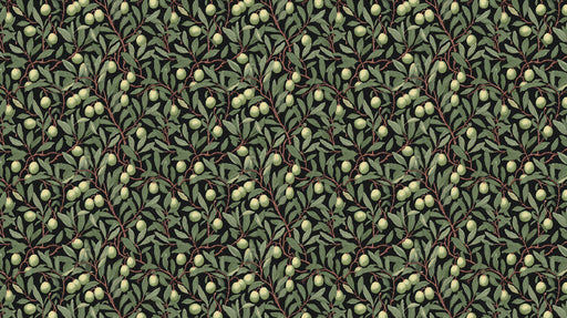 A botanical pattern of olive branches and pale green fruits on a dark charcoal gray background in an Arts and Crafts style.
