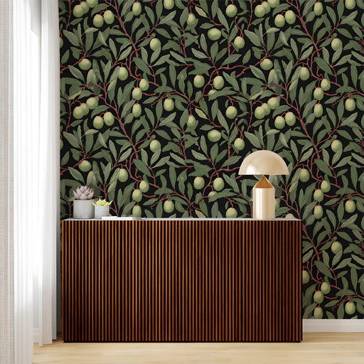 A sophisticated bedroom featuring olive leaf wallpaper and mid-century modern furniture.