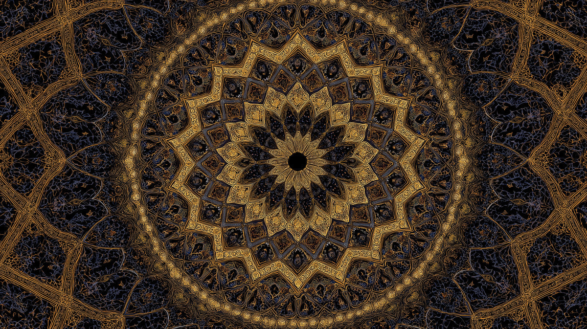Intricate golden mandala pattern on a deep charcoal background with filigree motifs