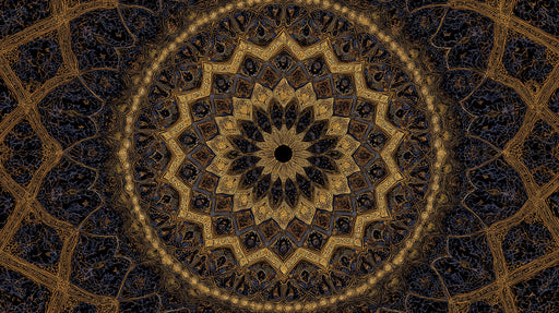 Intricate golden mandala pattern on a deep charcoal background with filigree motifs