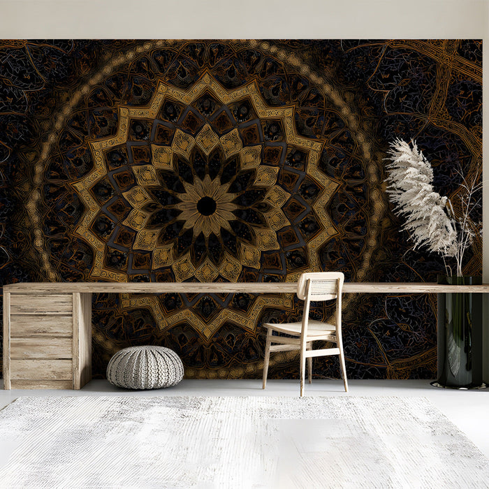 Sophisticated bedroom wall mural with a dramatic dark and gold mandala pattern