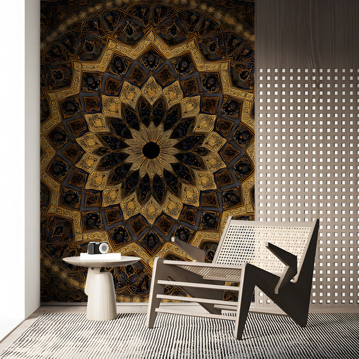 Luxury study with a large circular gold and charcoal mandala wall mural