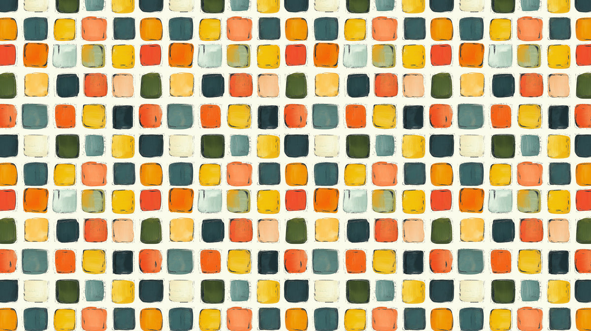 Abstract wallpaper pattern featuring rows of painterly colorful squares in ochre, orange, slate, and green