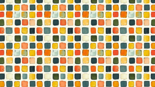 Abstract wallpaper pattern featuring rows of painterly colorful squares in ochre, orange, slate, and green