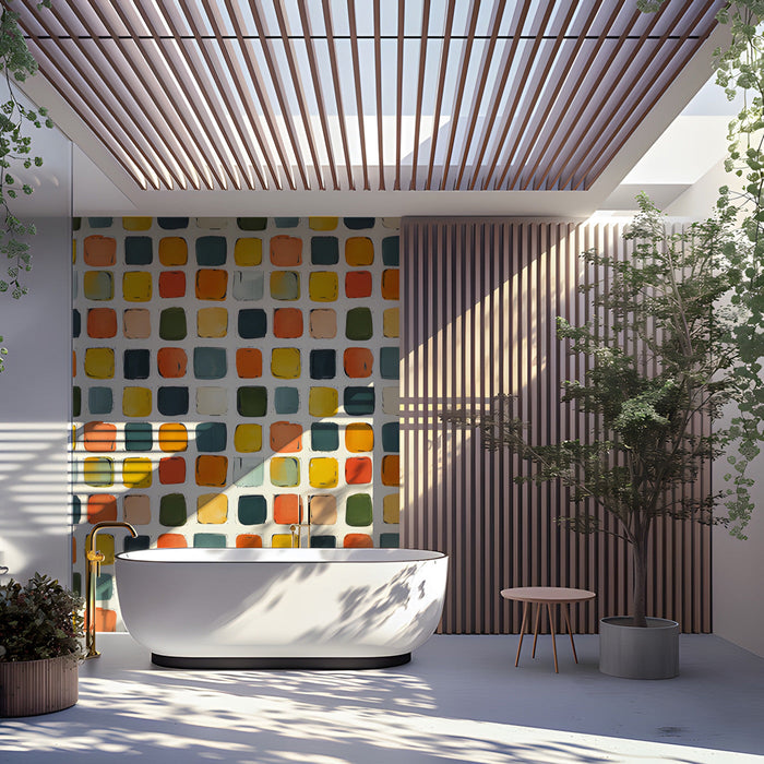 Playful bathroom interior decorated with a vibrant, painterly grid mural on the main wall