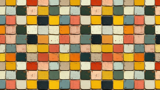 Abstract mosaic wallpaper pattern with hand-painted squares in ochre, forest green, and terracotta colors.