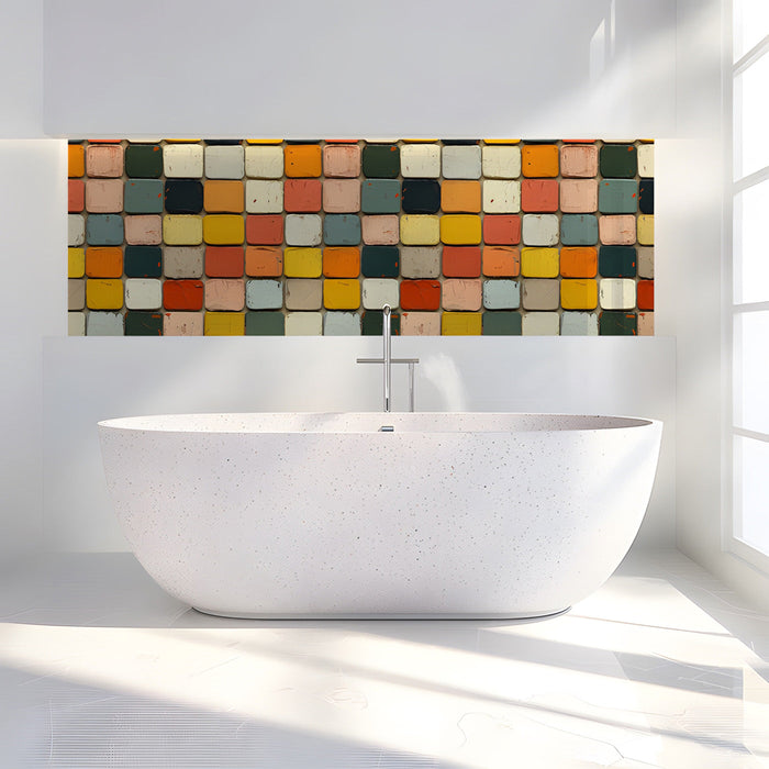 Modern bathroom with a textured, multi-color mosaic mural wallpaper on the back feature wall.