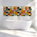 Modern bathroom with a textured, multi-color mosaic mural wallpaper on the back feature wall.