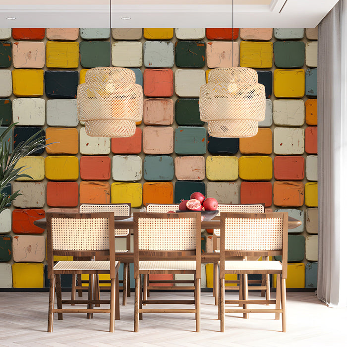 Dining room wall covered in a colorful mosaic tile mural with wooden cabinets and modern fixtures.