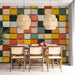 Dining room wall covered in a colorful mosaic tile mural with wooden cabinets and modern fixtures.