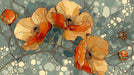 Art Nouveau style mural featuring ochre poppies and sage green river stone motifs