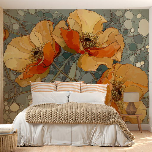 Modern dining room featuring an oversized poppy floral wall mural