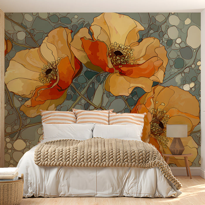 Modern dining room featuring an oversized poppy floral wall mural