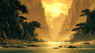 Golden canyon landscape mural with sunlit mountain peaks and misty water