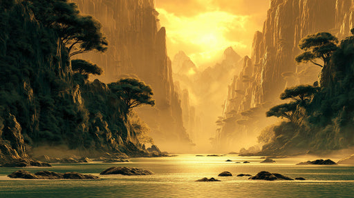 Golden canyon landscape mural with sunlit mountain peaks and misty water